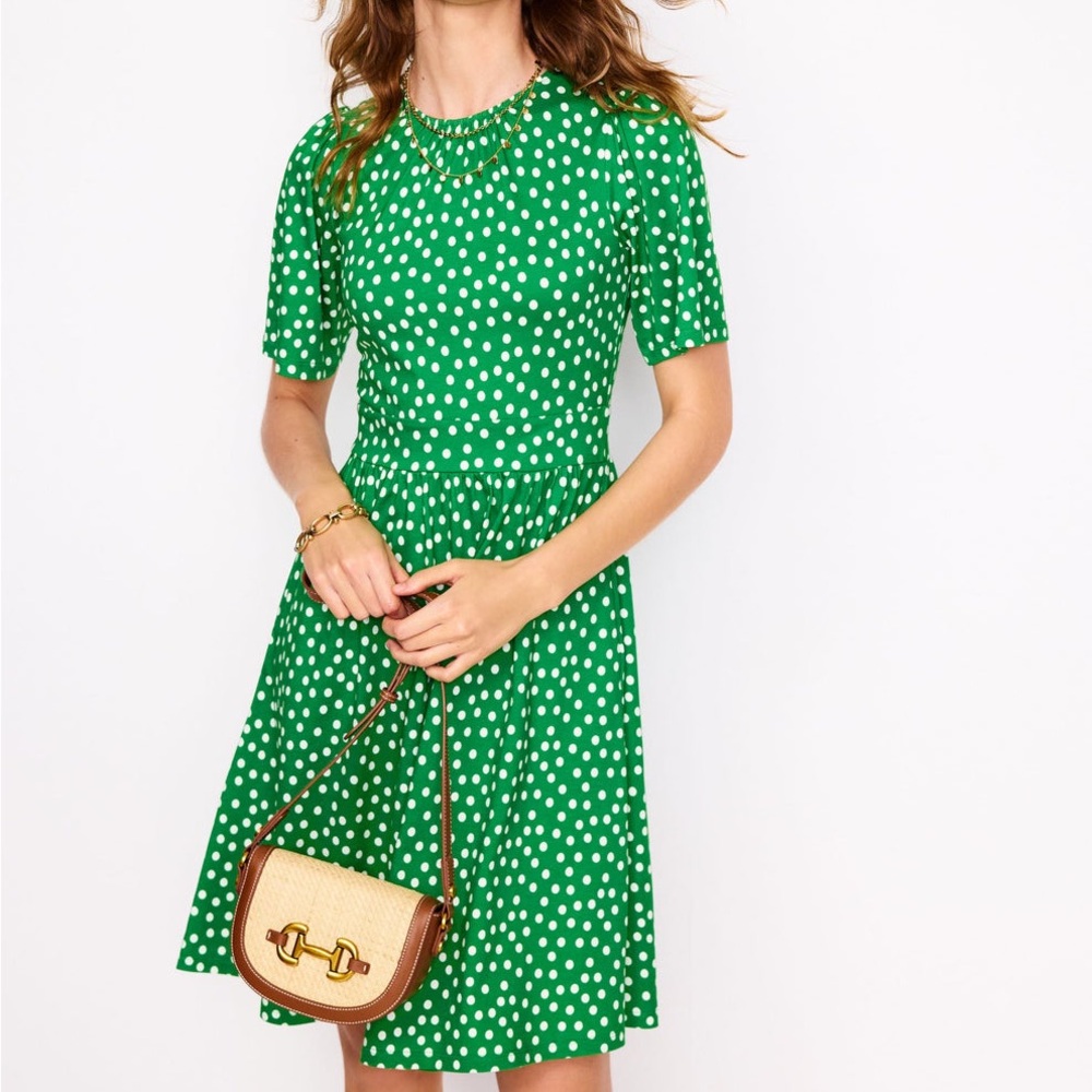Boden Louisa Short Jersey Lime Polka Dot Dress